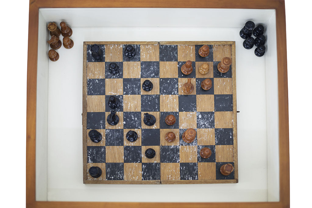top view of chess gameset inside an entomological box