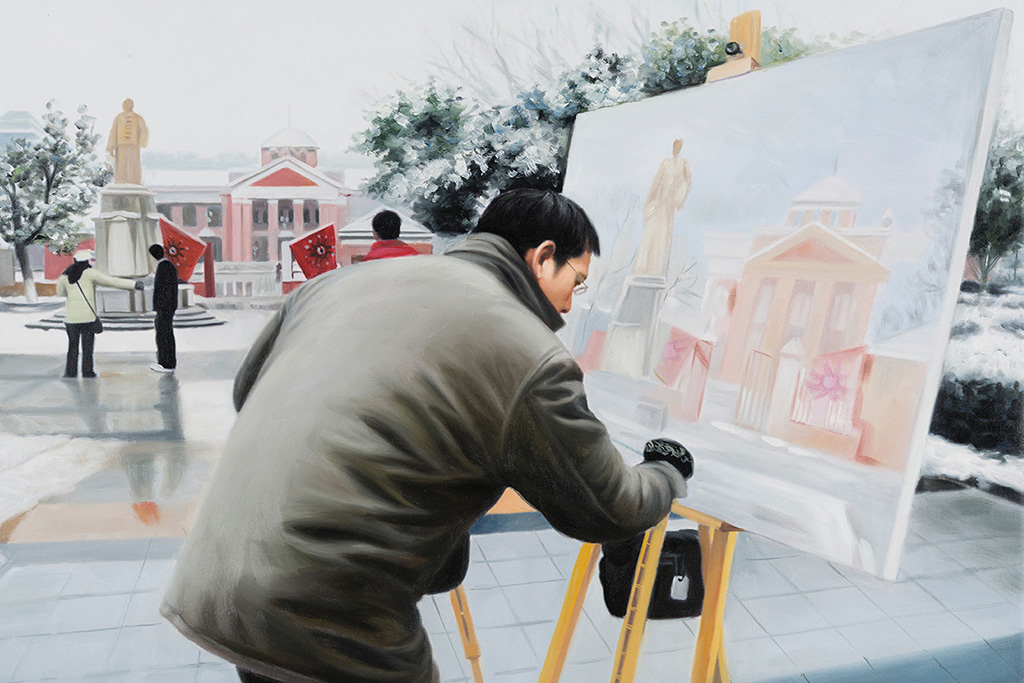 Painting of a person painting at plein air in a plaza