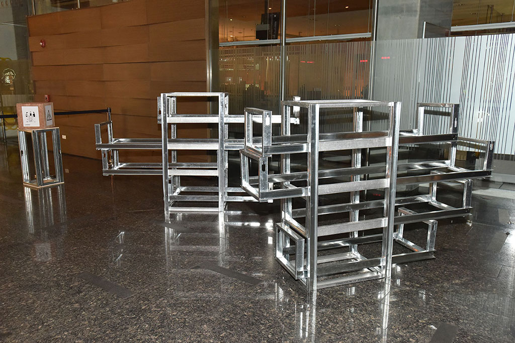 Sculpture at the lobby of the Chamber of Commerce building in Bogota part of the exhibition The Promise of Disorganization